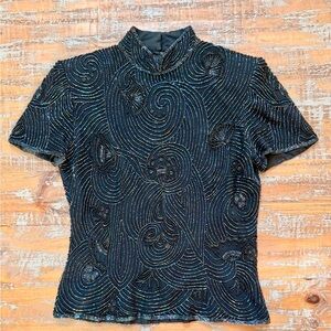 VTG Papelle Boutique 100% silk black top with beading
